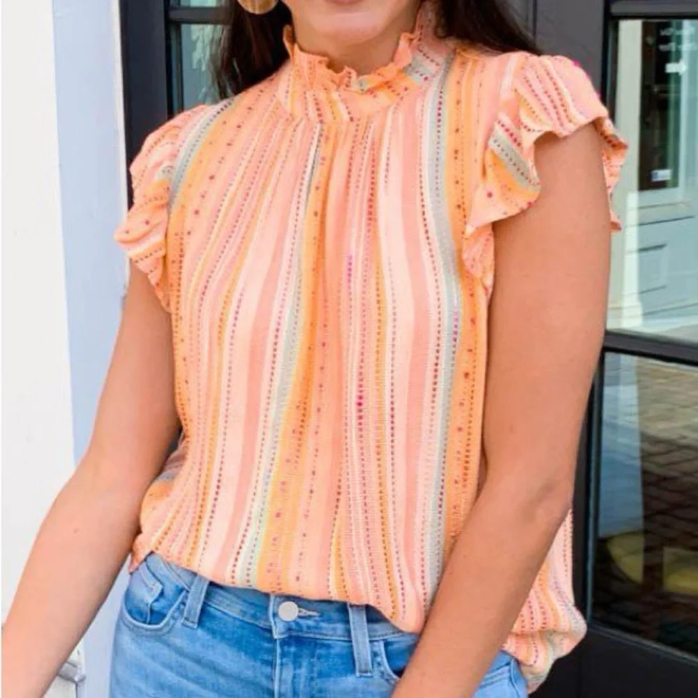 SOLD THML Women Medium Freeport Woven Striped Flutter Sleeve Embroidered Top Pea - Picture 2 of 12